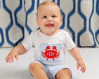 Baby Boy Clothes - Boys Monogram Crab Shirt - Light Blue Gingham Shorts - Summer Applique Tee for Boys - Personalized Toddler Crab Outfit