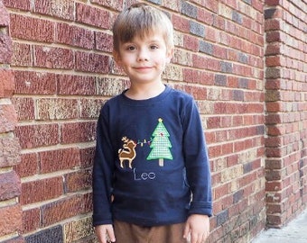 Boys Christmas Applique Shirt - Deer & Christmas Tree Monogrammed T-Shirt with Camel Corduroy Pants - Toddlers Personalized Navy Blue Tee