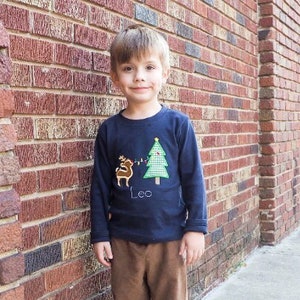 Boys Christmas Applique Shirt - Deer & Christmas Tree Monogrammed T-Shirt with Camel Corduroy Pants - Toddlers Personalized Navy Blue Tee