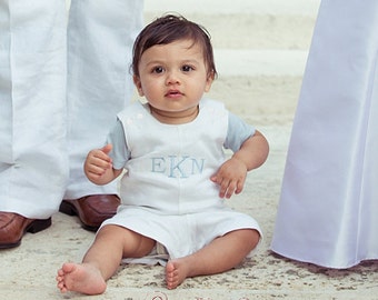 White Baby Boy Baptism Outfit - Linen Boys Baptism Outfit - Monogrammed Baptism Jon Jon - Boys Baptism Romper - Baby Boy White Linen Outfit