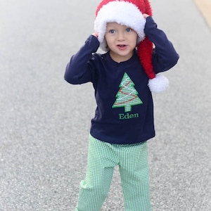 Toddler Boys Christmas Outfit - Christmas Tree Shirt - Green Gingham Pants - Christmas T-Shirt - Navy Green Christmas Clothes - Holiday Boys