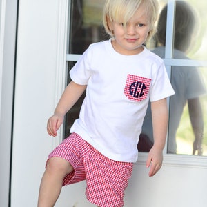 Personalized Initial Pocket Tee Shirt - Monogrammed Preppy Toddler Boy Clothes - Red Gingham Shorts Top Outfit Set - Baby Boy Shower Gift
