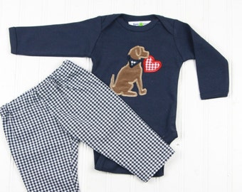 Valentine's Day Outfit for Kids - Navy Valentines Day Shirt - Puppy Dog Outfit for Valentine Day - Baby Boy Bodysuit - Navy Gingham Pants