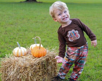 Baby Boys Thanksgiving Outfit - Turkey Applique Shirt - Boys Turkey Outfit- Turkey Shirt Pants Set - Matching Pants Set - Madras Pants Set