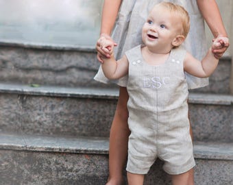 Baby Boy Linen Outfit - Monogrammed Jon Jon - Linen Overall - Monogrammed Shortall Outfit - Monogram Clothes - Baptism Outfit - Baby Boy SCS