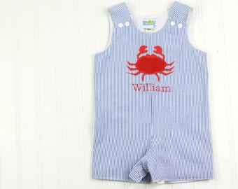 Baby Boy Jon Jon - Nautical Romper - Crab Shortall - Toddler Boy JonJon - Baby Boys Clothes - Boys Seersucker Outfit - Boys Beach Outfit