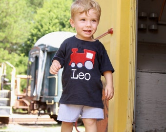 Boys Train Shirt - Boys Navy T Shirt - Toddler Boy Summer Clothes - Seersucker Shorts Outfit - Boys Train Birthday Set - Toddler Tee Shirt