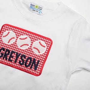 Baseball Shirt for Toddler Boys - Personalized Applique Sports Tee - Little Kid Base Ball T-Shirt - T-Ball TBall Outfit - Red Gingham Shorts image 2