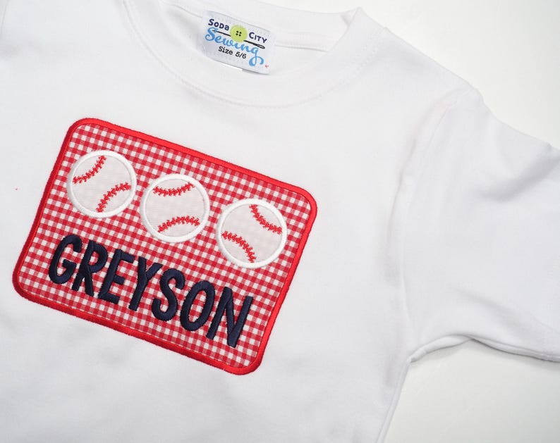 Baseball Shirt for Toddler Boys - Personalized Applique Sports Tee - Little Kid Base Ball T-Shirt - T-Ball TBall Outfit - Red Gingham Shorts image 2
