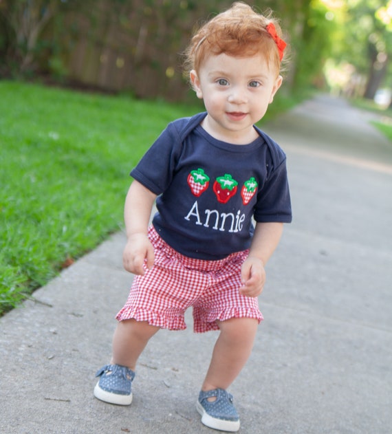 Girls Strawberry Picking Shorts Set Personalized Applique Tee for