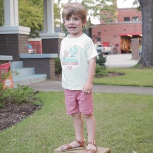 First Day of Preschool Shirt - Vintage Stitch Boys Back to School Embroidery - Monogrammed 1st Day T-Shirt with Sketch Globe, Books, Apple image 3