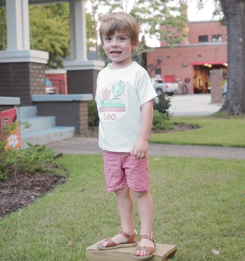 First Day of Preschool Shirt - Vintage Stitch Boys Back to School Embroidery - Monogrammed 1st Day T-Shirt with Sketch Globe, Books, Apple image 3