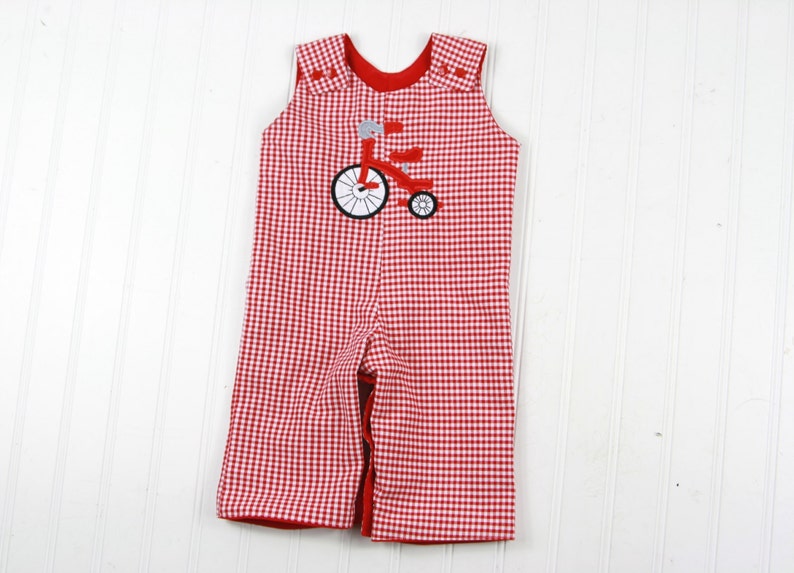 Boys Gingham Overalls Toddler Boy Tricycle Outfit Boys Trike Applique Romper Traditional Boys Clothes Classic Baby Boys Longalls image 4