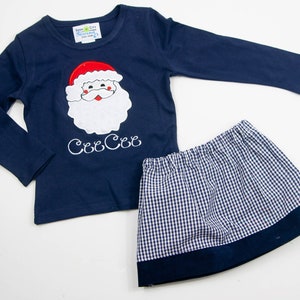 Girls Christmas Outfit Santa Applique Shirt & Navy Gingham Skirt Toddler Girl Holiday Clothes Baby Girl Personalized Christmas Tee image 4