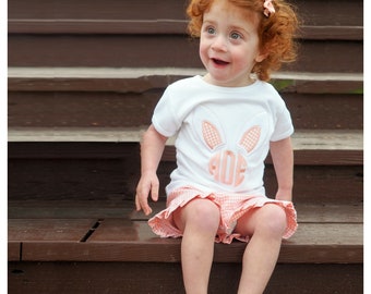 Baby Girl Monogrammed Easter Shirt - Pink Bunny Ear Shirt for Girls - Bunny Initial Bodysuit - Ruffle Shorts for Baby Girl - Pink Gingham