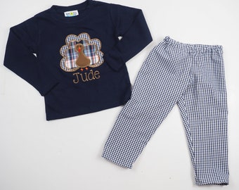 Thanksgiving Outfit for Boys - Navy Gingham Pants - Fall Boys Outfit - Boys Turkey Shirt - Thanksgiving T-Shirt - Baby Boy Turkey Bodysuit