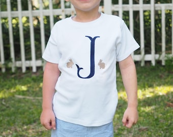 Easter Bunny Initial Shirt with Blue Seersucker Shorts - Perfect Little Boys Easter Sunday Outfit!