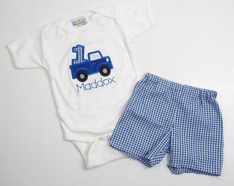 1st Birthday Shirt - Blue Truck First Birthday Outfit - Monogrammed Birthday Outfit - Little Boys Truck Shirt - Royal Blue Gingham Shorts