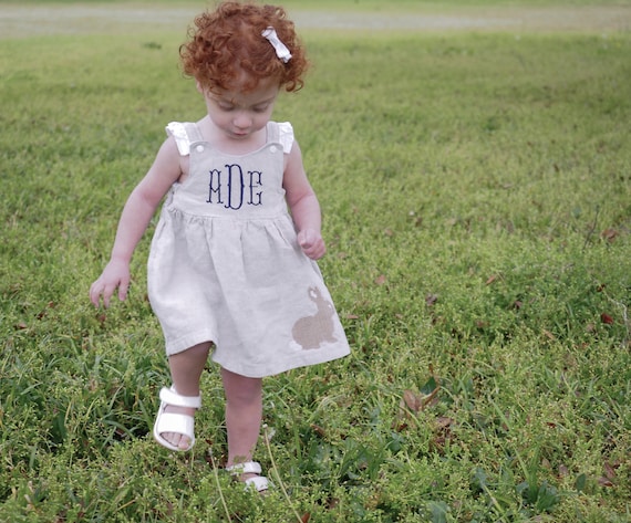 Girls Easter Dress - Personalized Toddler Girl Linen Pinafore, Cross Stitch  Style Embroidered Bunny Rabbit and Initials - Etsy