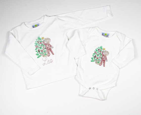Toddler Christmas Shirt Embroidered - Little Boys Christmas Outfit - Red Gingham pants - Sketch Embroidery Outfit - Boys Nostalgic Christmas