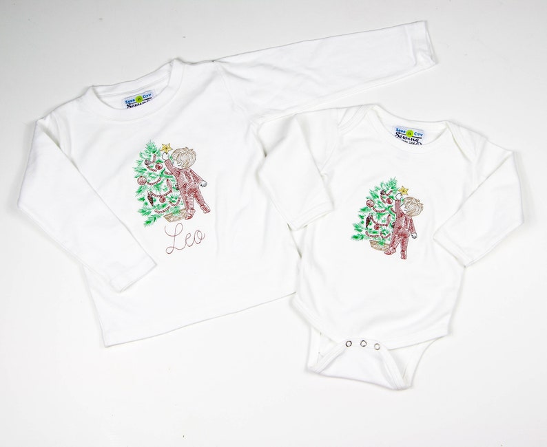Toddler Christmas Shirt Embroidered - Little Boys Christmas Outfit - Red Gingham pants - Sketch Embroidery Outfit - Boys Nostalgic Christmas image 1