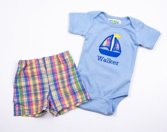 Little Boy Outfit - Sailboat Applique Bodysuit & Seersucker Shorts Set - Summer Boy Clothes - Light Blue Shirt with Pastel Plaid Shorts