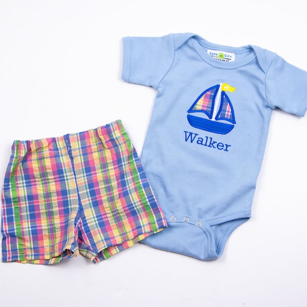 Little Boy Outfit - Sailboat Applique Bodysuit & Seersucker Shorts Set - Summer Boy Clothes - Light Blue Shirt with Pastel Plaid Shorts