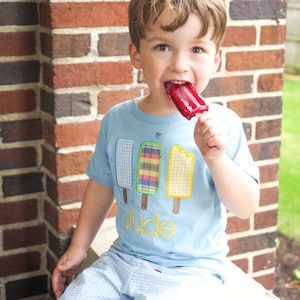 Summer Boys Applique Outfit - Popsicle Shirt with Light Blue Gingham Shorts for Little Boys - Personalized Baby Boy Clothes Ice Cream Party
