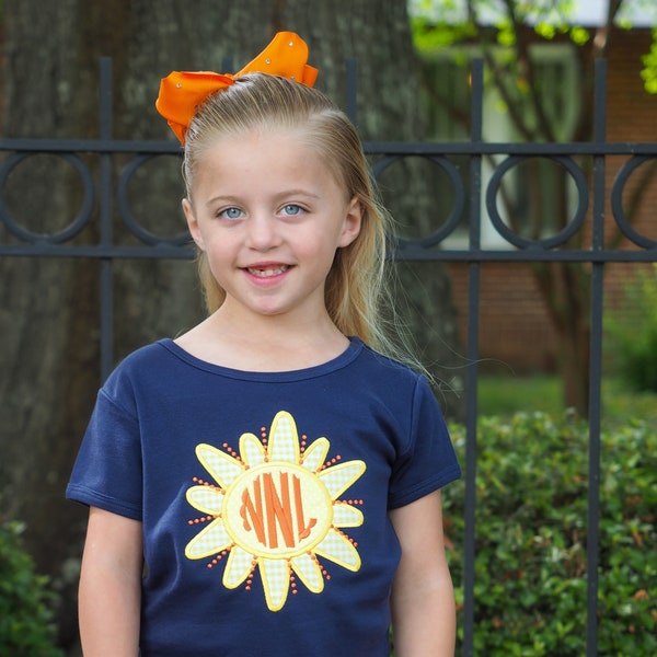 Toddler Girl Sunshine Applique Tee - Navy Girls Fit Personalized shirt with Yellow Gingham Shorts Set