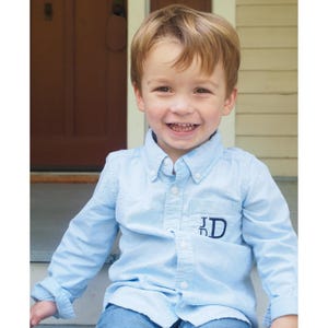 Monogrammed Baby Dress Shirt - Chambray Oxford Button Up Shirt - Toddler Button Down Collared Shirt - Kids Oxford Wedding Boy or Girls Shirt