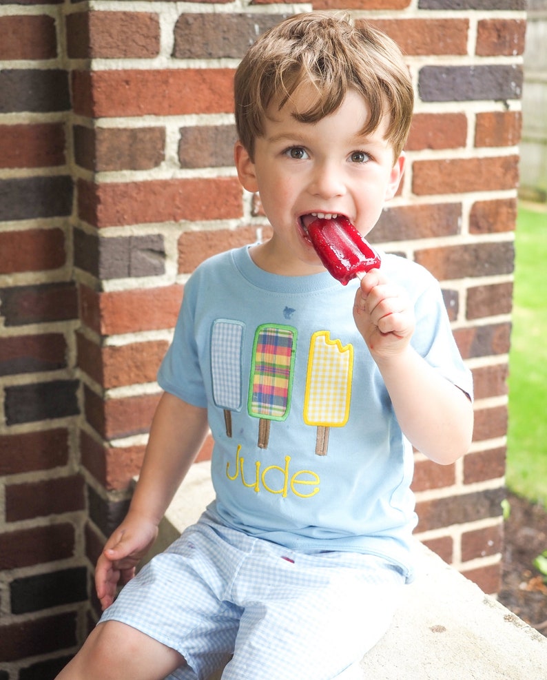 Summer Boys Applique Outfit Popsicle Shirt with Light Blue Gingham Shorts for Little Boys Personalized Baby Boy Clothes Ice Cream Party image 1