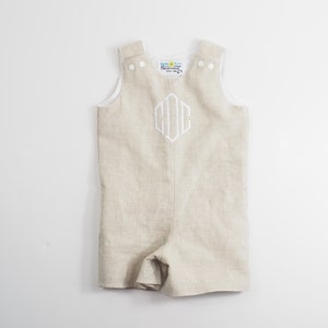 Baptism Outfit for Baby Boy Monogrammed Linen Jon Jon Classic Vintage Style Shortall Dedication outfit Baby Boy Clothes Coming Home image 2