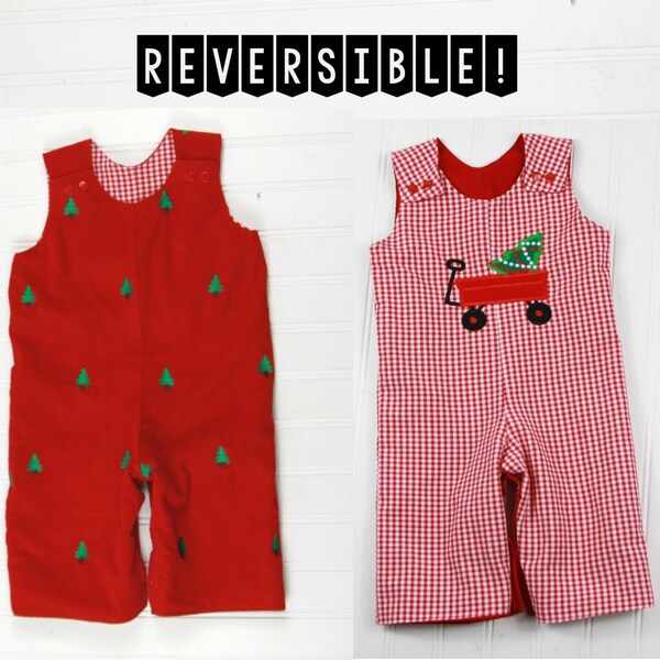 Boys Christmas Romper - Reversible Baby Outfit - Christmas Tree Overalls - Baby Boy Clothes - Wagon Applique - Toddler Boy Christmas Clothes