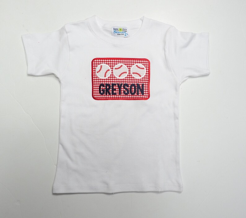 Baseball Shirt for Toddler Boys - Personalized Applique Sports Tee - Little Kid Base Ball T-Shirt - T-Ball TBall Outfit - Red Gingham Shorts image 4