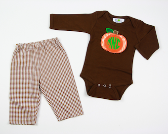 Baby Boy Pumpkin Outfit - Boys Monogrammed Pumpkin Bodysuit - Fall Baby Clothes - Boys Personalized Fall Outfit - Monogram Pumpkin Applique