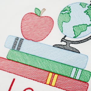 First Day of Preschool Shirt - Vintage Stitch Boys Back to School Embroidery - Monogrammed 1st Day T-Shirt with Sketch Globe, Books, Apple image 5