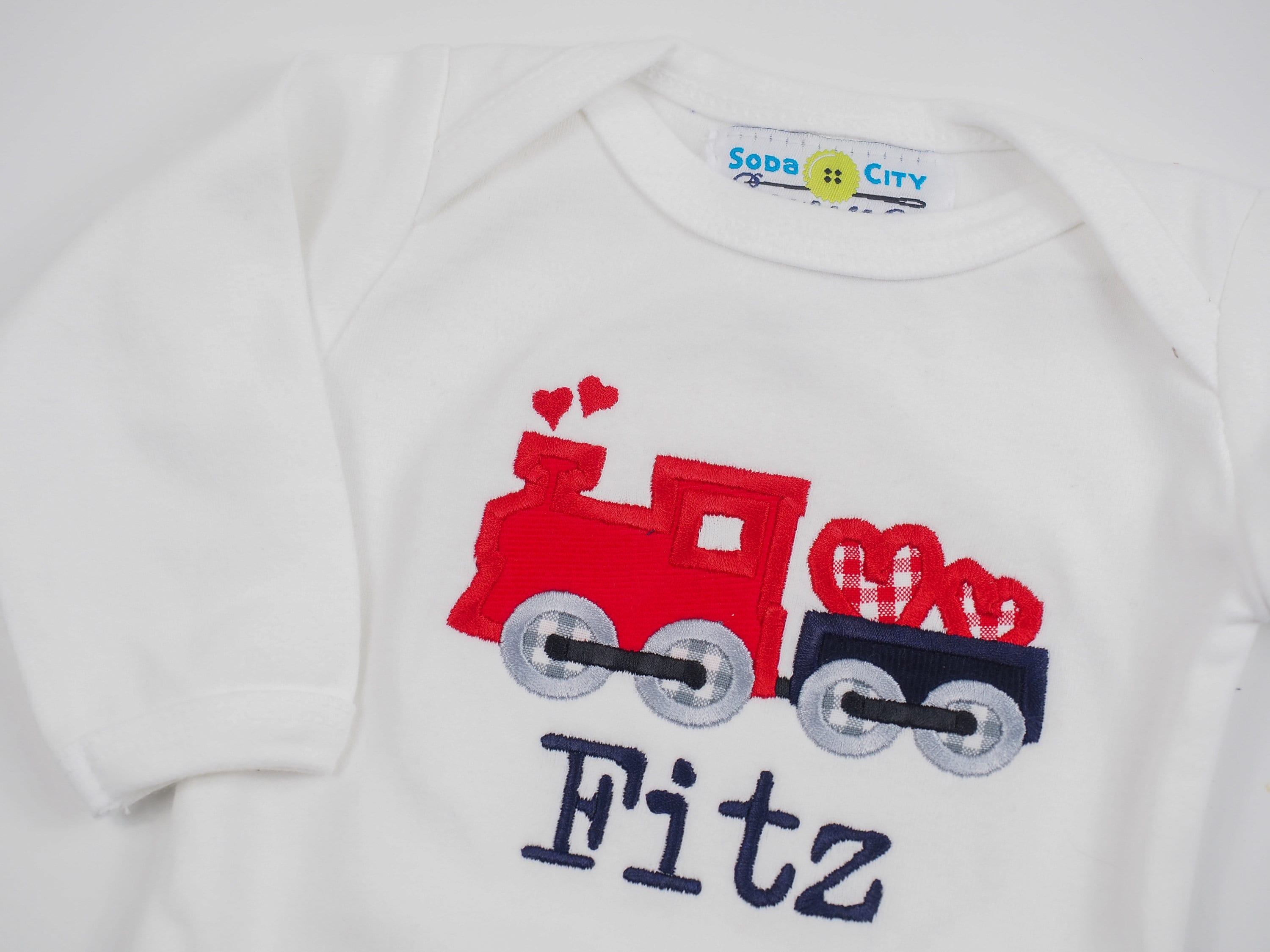 Valentine&#39;s Day Train Shirt - Toddler Boy Valentines Outfit - Personalized Train Hearts Applique Tee - Navy Corduroy Pants - Monogrammed