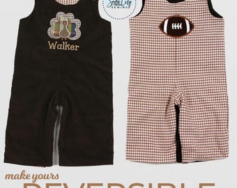 May include: Reversible baby overalls with a brown corduroy side featuring a turkey applique and the name "Walker" embroidered on it. The other side is a brown and white gingham pattern with a football applique.