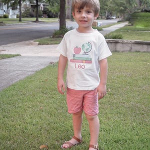 First Day of Preschool Shirt - Vintage Stitch Boys Back to School Embroidery - Monogrammed 1st Day T-Shirt with Sketch Globe, Books, Apple image 2