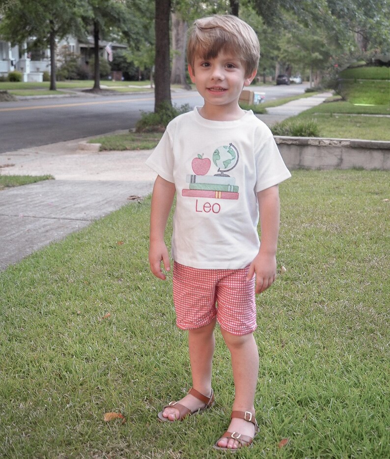 First Day of Preschool Shirt - Vintage Stitch Boys Back to School Embroidery - Monogrammed 1st Day T-Shirt with Sketch Globe, Books, Apple image 2