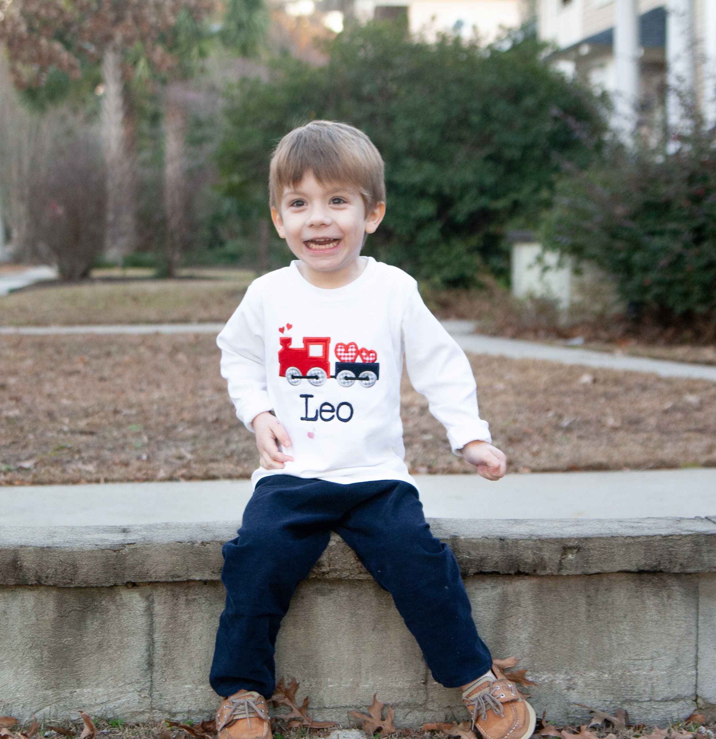 Valentine&#39;s Day Train Shirt - Toddler Boy Valentines Outfit - Personalized Train Hearts Applique Tee - Navy Corduroy Pants - Monogrammed