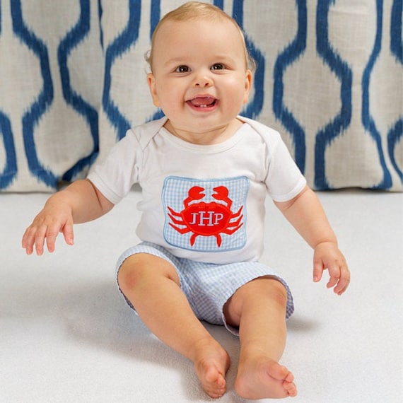 Little Boys Summer Shorts Outfit Light Blue Gingham With Red Monogram  Appliqued Crab Shirt or Bodysuit Set for Baby or Toddler Boys Beach 