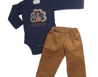 Baby Boy Thanksgiving Turkey Bodysuit and Matching Camel Corduroy Pants - Perfect Thanksgiving Outfit for Babies and Toddlers