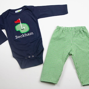 Boys Golf Outfit - Embroidered Golf Applique Shirt or Bodysuit and Matching Pants Set - Navy Long Sleeved Tee - Green Gingham Pants - Golfer