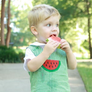 Baby Boy Summer Romper Boys Watermelon Birthday Outfit Green Gingham Shortall Baby Boy Applique Outfit Toddler Boy Family Photos image 2