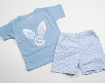 Easter Bunny Ears Initial Shirt - Light Blue Gingham Little Boys Outfit - Monogrammed Rabbit Ears for Toddler - Personalized Baby Boy Set