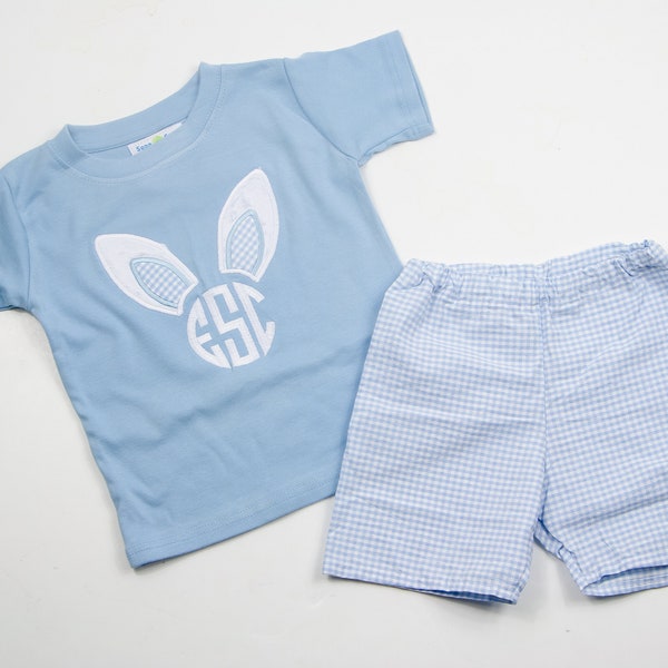 Easter Bunny Ears Initial Shirt - Light Blue Gingham Little Boys Outfit - Monogrammed Rabbit Ears for Toddler - Personalized Baby Boy Set