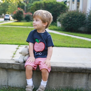 Tenue de rentrée pour garçon - Chemise personnalisée pomme appliquée avec un short en vichy rouge, parfaite pour l'entrée à l'école maternelle et à la maternelle
