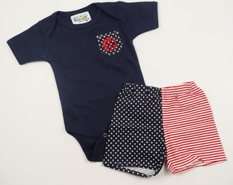 4th of July Baby Clothes - 1st Fourth of July Outfit - Monogrammed Pocket Tee American Flag Shorts - Independence Day Toddler Boy Clothes