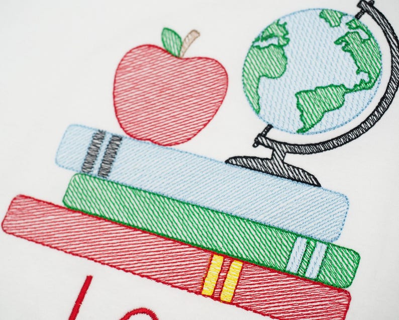 First Day of Preschool Shirt - Vintage Stitch Boys Back to School Embroidery - Monogrammed 1st Day T-Shirt with Sketch Globe, Books, Apple image 5